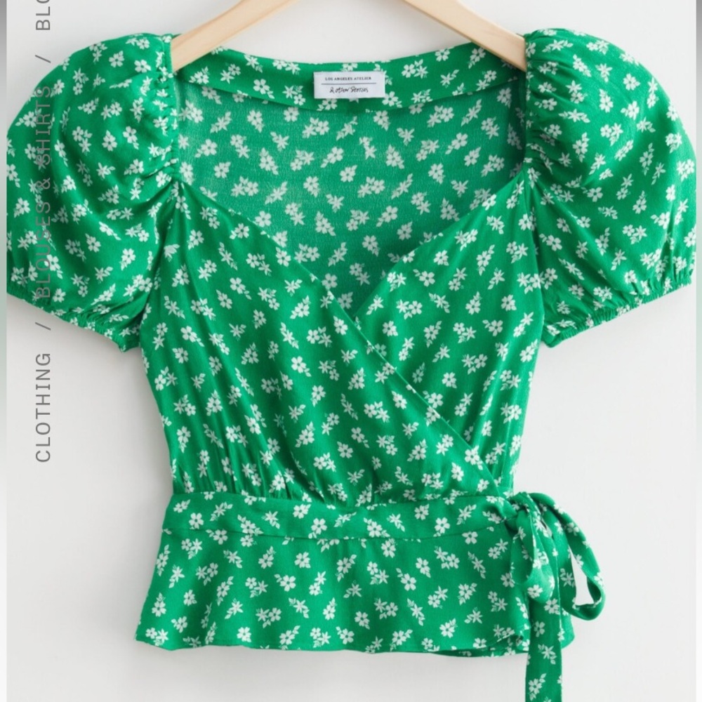 And other stories green puff sleeve Floral Wrap Top